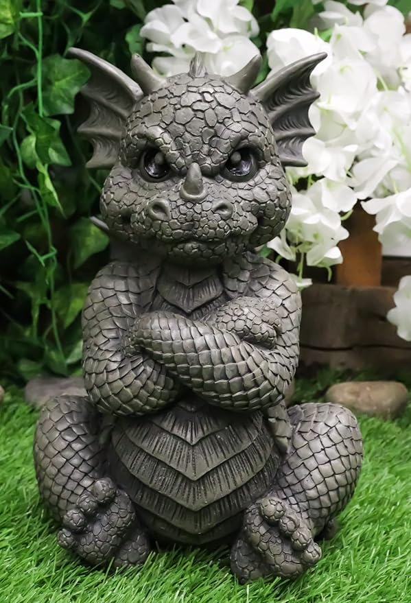 Ebros Gift Whimsical Garden Dragon Folding His Arms with Angry Face Figurine 10.25" H Cute Grumpy Baby Dragon Faux Stone Resin Finish Dungeons and Dragons Mythical Fantasy Sculpture