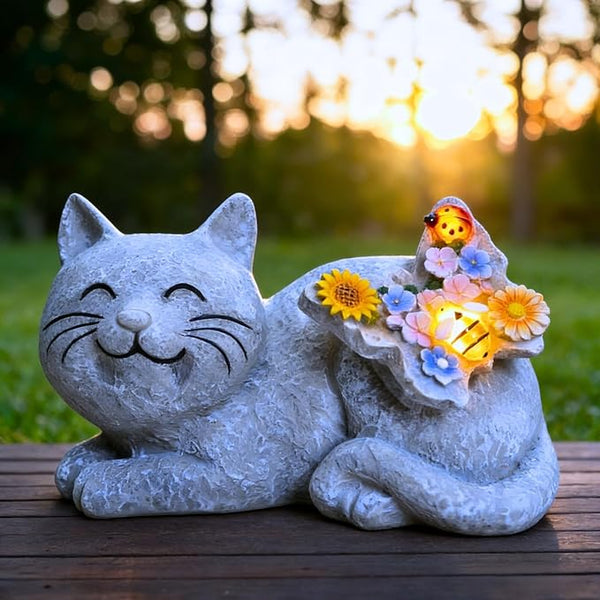 Solar Cat Garden Statue with LED Lights, Waterproof Resin Outdoor Cat Decor, Patio Lawn Yard Ornament, Unique Gifts for Women Mom