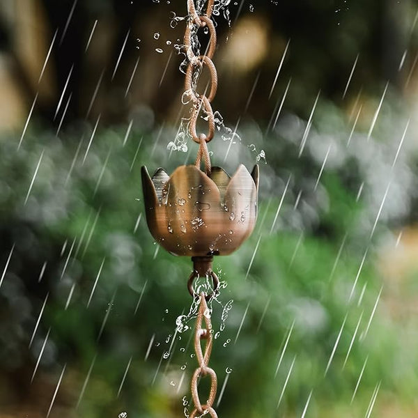 DUSVALLY Rain Chain, 5.85 FT Lotus Metal Rain Chain, Functional and Decorative Replacement for Gutter Downspouts, Divert Water and Home Display, Adjustable, Antique Brown