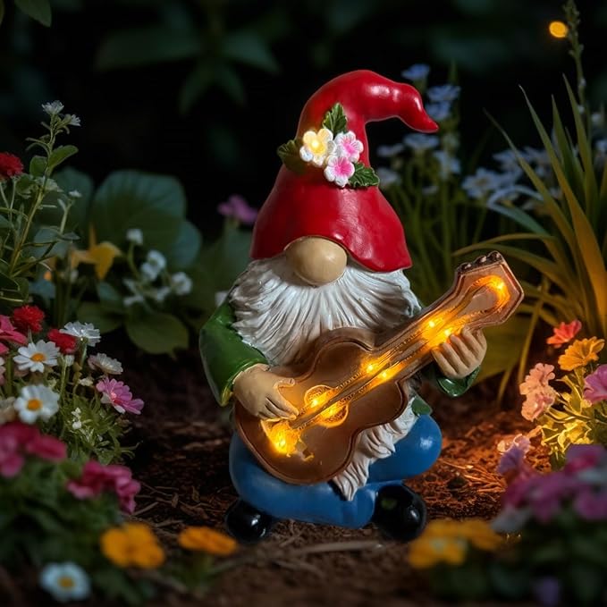 Solar Garden Gnome Figurine with Light Up Guitar - 8" Hippie Outdoor Statue with Lights, Resin Garden Decor | Funny Lawn Ornament & Garden Gift