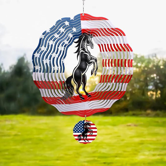 Horse Wind Spinners Outdoor - Horse Gifts for Men Women, American Flag Wind Chime for Outside, Hanging Metal Wind Sculptures for Garden Indoor Patio Lawn Yard, Veterans Day