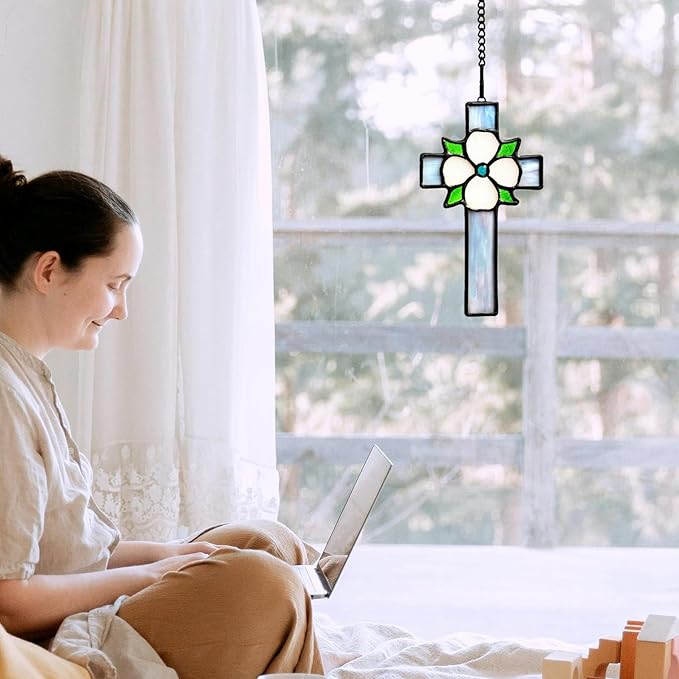 Stained Glass Flower Cross Decor Window Hanging for Baptism, First Communion Handmade Art Cross Suncatchers Religious Ornament Gifts for Women