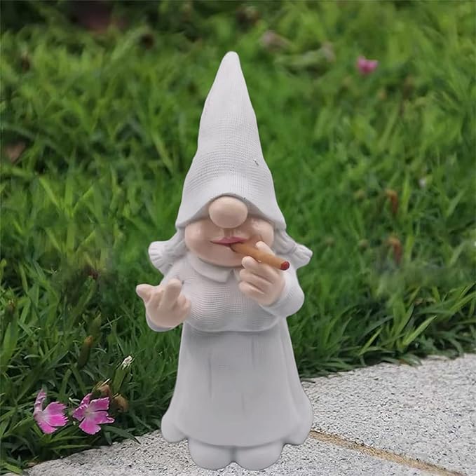 MINICAR Middle Finger Lady Gnome Statue Outdoor Decor, Naughty Smoking Sculptures Garden Yard Decorations, 8'' Tall