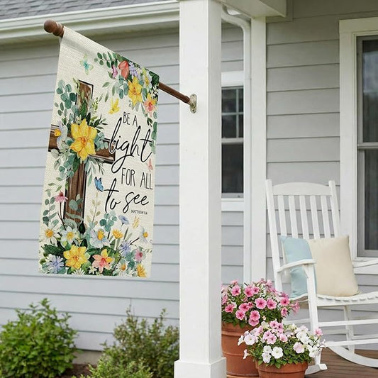 CROWNED BEAUTY Spring House Flag Floral Cross Double Sided 28x40 Inches Large Burlap Welcome Holiday Seasonal Yard Decoration for Outside Porch