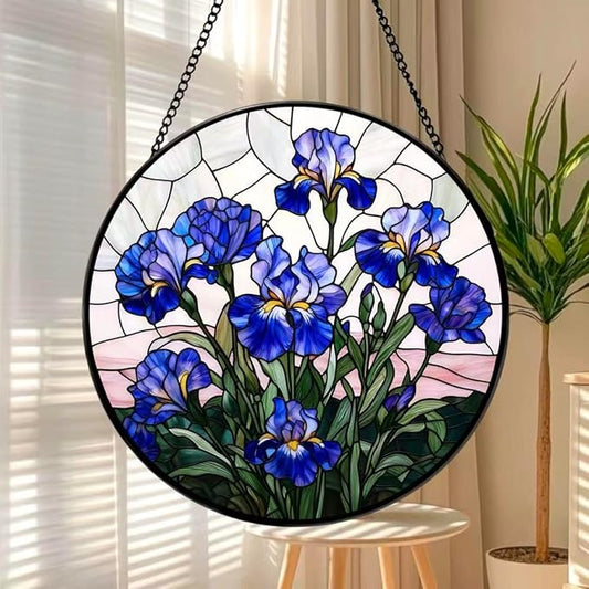 Stained Glass Window Hanging - Blue Iris Painting 7.8 Inches Suncatcher for Garden Home Decor for Women Mon Grandma Friends