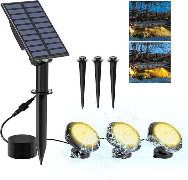 Solar Pond Lights,3000K Warm White LED Underwater Submersible Fountain Light,IP68 Waterproof Landscape Spotlights Lighting for Fish Aquarium Tank Garden Yard Pond Pool Decor(3-in-1)