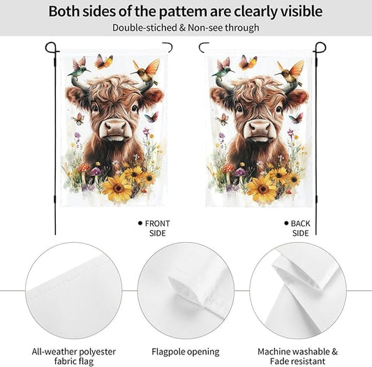 Floral Highland Cow Garden Flags 12×18 Inch Mushrooms Hummingbirds Butterfly Double Sided Decorative Yard Banner Seasonal Flag for Outdoor Outside Decor
