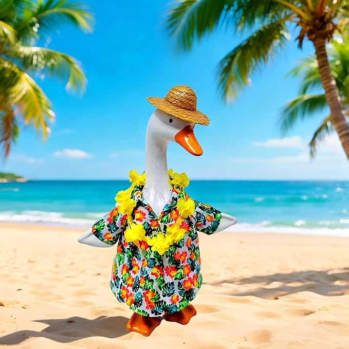 Porch Goose Summer Outfits for 23'' Lawn Porch Goose Clothing Hawaiian Outfits, Summer Lawn Goose Costume, Yard Goose Clothes Hawaiian Wreath with Straw Hat Glasses (with a 250th Years Flag)
