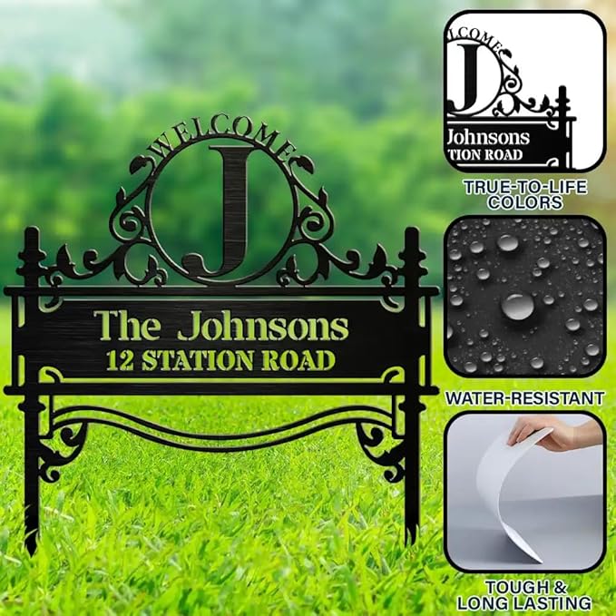 Personalized House Signs for Outside Metal Garden Stake Gift for Family - Custom Family's Name Address Signs for Yard Classic Black - Welcome Home Yard Decorations - Monogram Custom Yard Sign