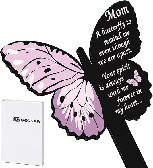 Geosar Mom Memorial Stakes Cemetery Grave Plaque Stake Markers Memorial Butterfly Plaques for Outdoors Sympathy Garden Stake Acrylic Waterproof Garden Grave Decoration(Cute Style)