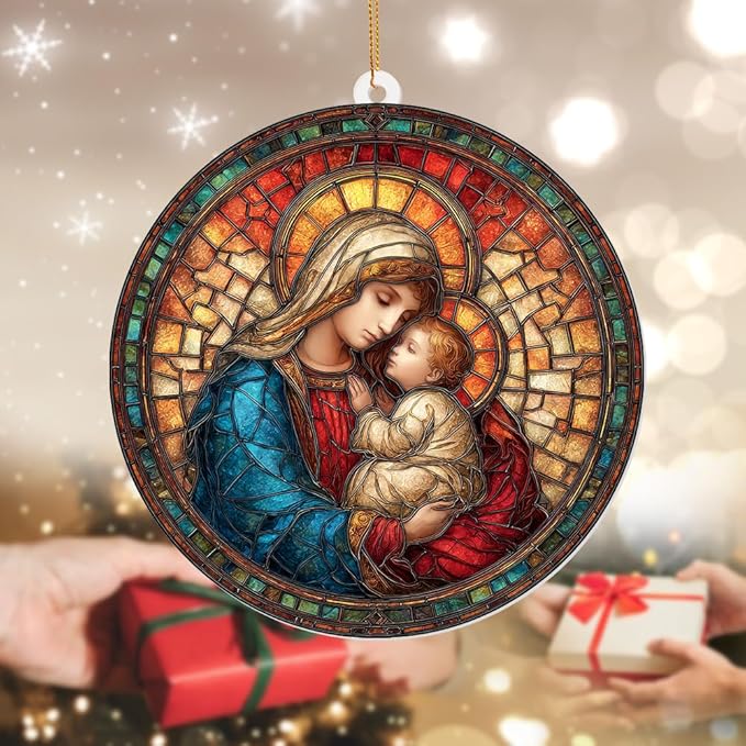Holy Mother & Child Stained Glass Acrylic Ornament 2025 โ Madonna & Child Religious Christmas Ornament, Nativity Window Sun Catcher Acrylic, Catholic Tree Decoration,Keepsake for Holiday Home (Sun-25)