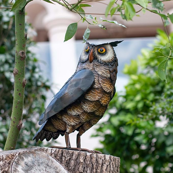 Natelf Garden Owl Sculptures & Statues, Standing Metal Bird Yard Art Sculpture for Patio Backyard Pond Outdoor Decorations