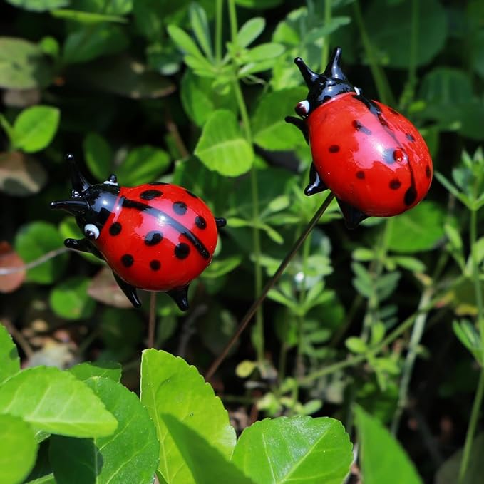 Crystal Insect Glass Ladybird Outdoor Decor Garden Stakes Hand-Blown Artificial Flower Plant Ornaments 2PCS Ladybug Yard Art