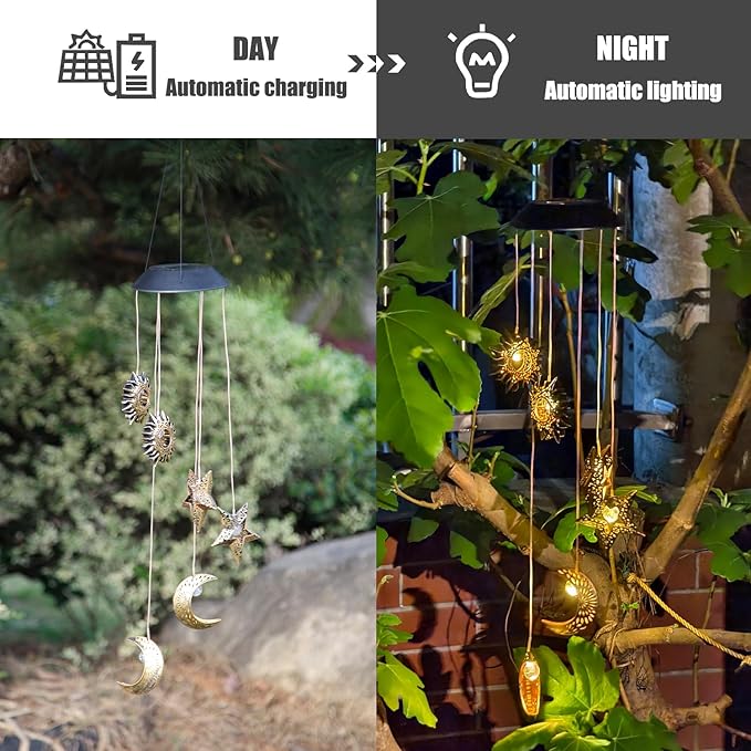 2 Pack Solar Wind Chimes for Outside Lights Sun Moon Star Outdoor Hanging Decor Warm Lights Prefert Gifts for Mom Wife Outdoor Windchimes for Garden Yard Patio Christmas Birthday Mothers Day