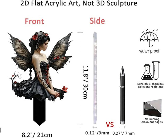 Flower Fairy Garden Stake Decor, 2D Flat Acrylic Elf Garden Sign with Stake, Fairy with Magic Sign for Indoor Outdoor Yard Lawn Balcony Pot Plants (Black Fairy)