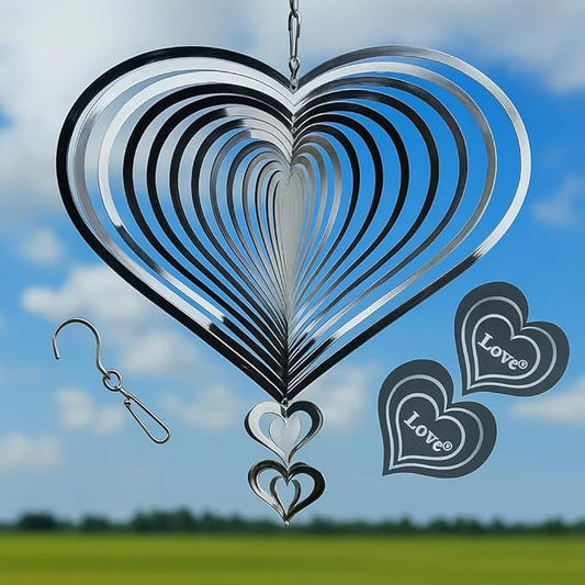 Stainless Steel Heart Wind Spinners, Outdoor Yard & Garden Decorations, Mirror Finish Hanging Metal Spinners for Patio, for Home & Garden Lovers