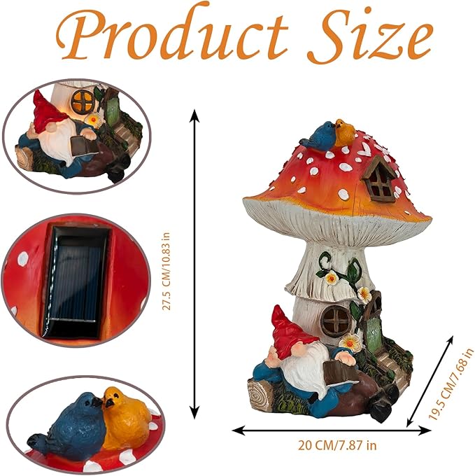 Solar-Powered Mushroom House Garden Statue–Gnome Figurine Reading Book,Vibrant Bird Accents,Weather-Resistant Resin Material,Outdoor Ornament for Yard,Patio,Lawn,Flower Bed Porch Decor