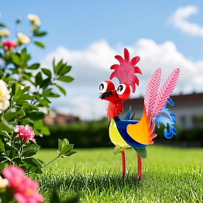 Metal Yard Art Rooster Decor, Garden Rooster Statues Sculpture, Garden Metal Statue Outdoor Decor Yard Art Chicken Decoration for Home Patio Lawn Backyard Farmhouse Kitchen (Blue)