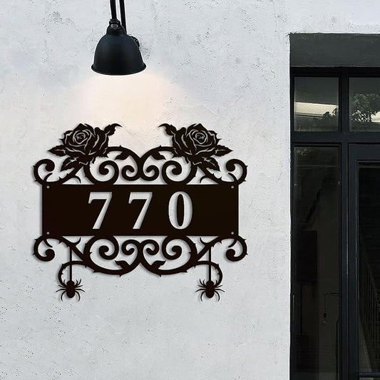 Personalized Gothic House Number metal Signs,Custom Address Number Metal Wall Art Decor,Black Plaques Outdoor wall Decorative Signage,Shed(8-30 Inches) (Rose A)