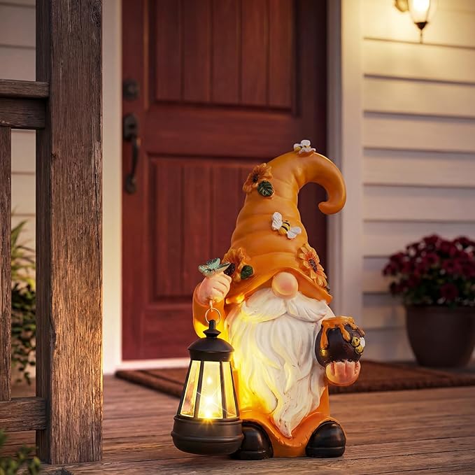 VIHOSE Solar Garden Gnomes Outdoor Decor 8'' Spring Resin Gnome Figurine Holding Lantern with Solar LED Lights for Yard Patio Lawn Decorations Best Gifts for Mother's Day Housewarming