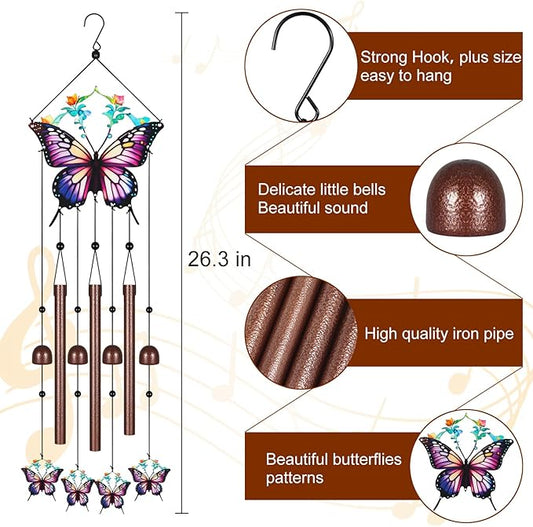 Butterfly Wind Chimes for Outside,Metal Windchimes with S Hook with Playful Design Wind Chime Garden Decor Outdoor Ideal Memorial/Housewarming/Birthday/Festival Gifts Front Yard Decor