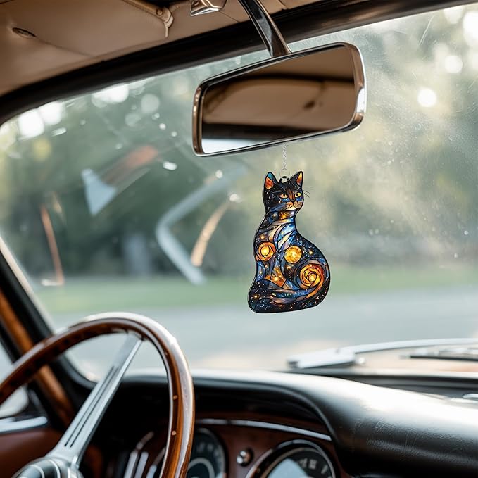 Celestial Cat Acrylic Suncatcher, Boho Suncatchers for Window Hanging Ornament, Stained Glass Effect Indoor Outdoor Garden Decor for Celestial Lover, Gifts for Mother's Day, Mom, Grandma, Wife, Women