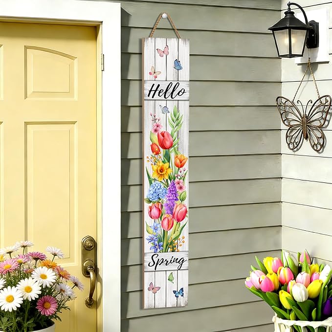 Hello Spring Porch Sign Tulip Butterflies Welcome Sign Rustic Vertical Standing Sign For Front Porch Decor Farmhouse Hanging Wall Sign for Patio Yard Party Indoor Outdoor Decoration 47.2"H