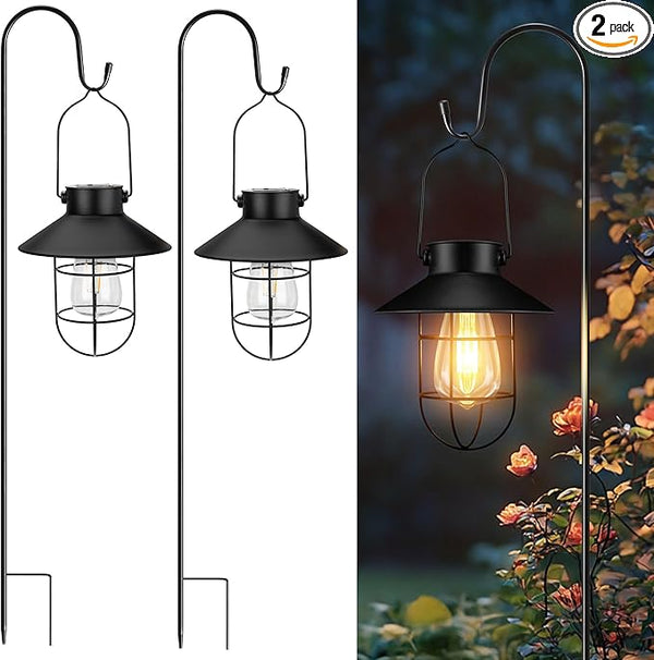 pearlstar 2 Pack Solar Lights Outdoor, Hanging Solar Lanterns with Edison Bulb and 2 x 32 Inch Shepherd Hooks, Waterproof Landscape Lighting for Garden Patio Yard Pathway Driveway Lawn (Black)