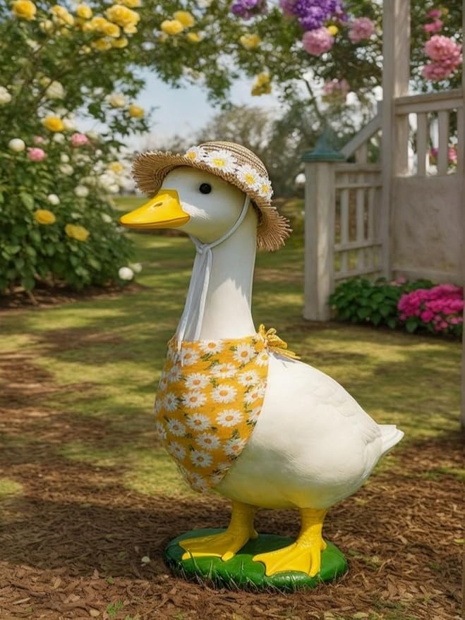 Summer Porch Goose Outfits Daisy Flower Goose Outfit Spring Geese Clothes Costume with Straw Hat Scarf for 17-23" Lawn Cement Plastic Geese Statue for Garden Yard Decor Accessories(Orange)