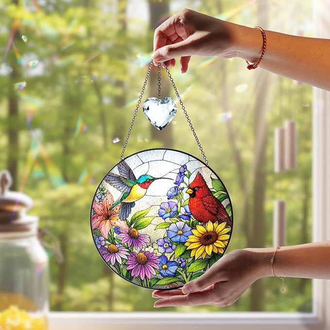Personalized Hummingbird & Red Cardinal Stained Glass Suncatcher, Custom Birds Window Sun Catcher Hanging Decor, Cardinal Sun Catcher Indoor Window Art, Hummingbird Gift Ideas for Women, Mom, Grandma