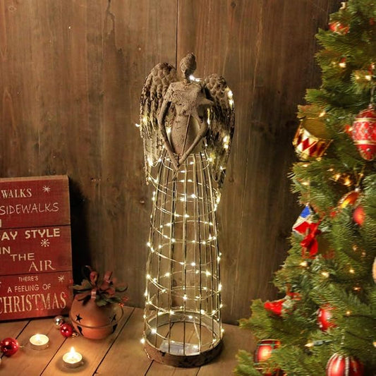 Angel Garden Statue with Star, Outdoor Antiqued Metal Yard Art Decor Lawn Patio Decorations Garden Trellis for Climbing Plants Potted Vines Ivy Roses Gift Idea For Thanksgiving, 26’’H (Star)