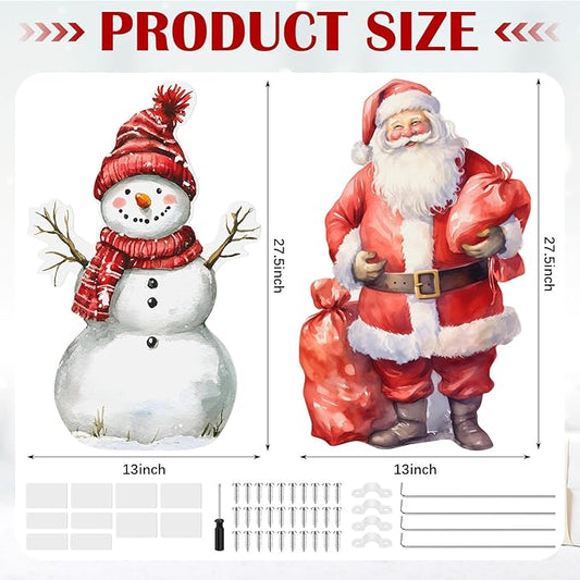 Pinkunn 2 Pcs Large Vintage Christmas Outdoor Decorations PVC Yard Snowman Santa Stake 28" Decorative Yard Stakes Windproof Waterproof for Xmas Farmhouse Lawn Garden Home Outside Decorations