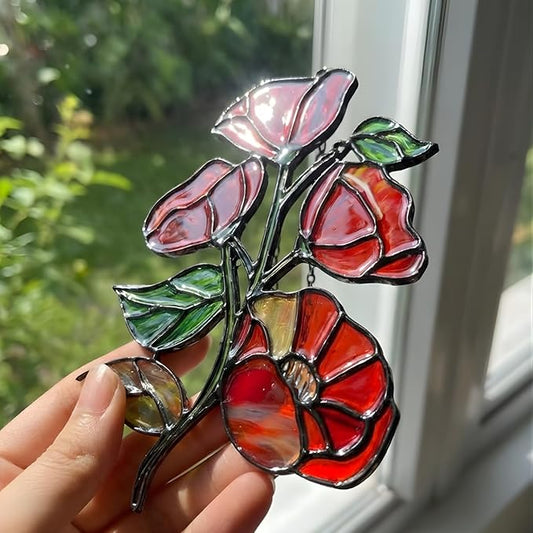Red Poppy Flower Handmade Resin Suncatchers, Artisan Sun Catcher, Stained Glass Effect, Flower Suncatchers for Window Hanging, Garden Decor, Gift for Mother's Day Mom Women Grandma Wife