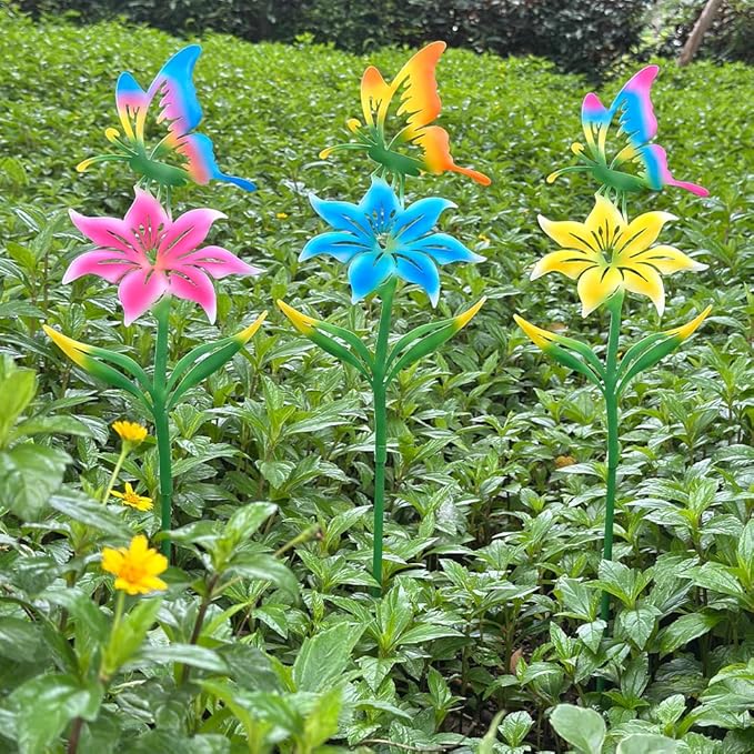 Metal Garden Flowers for Outside, 30.3-22.4" 3-Pack Colorful Butterfly & Flower Decorative Garden Stakes for Spring Garden Decor, Yard Art Decorations for Patio Lawn