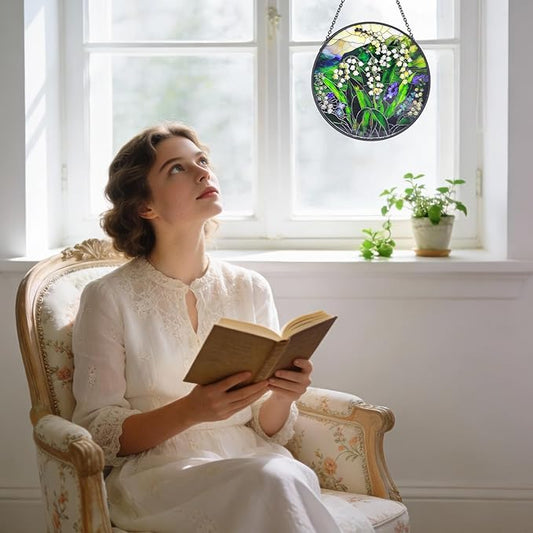 Stained Glass Window Hanging - 6.3 Inch Lily of The Valley Stained Glass, Lily of The Valley Decor for Window Home Door Wall Garden Outdoor and Christmas Mother's Day Birthday, Gifts for Women Men Mom