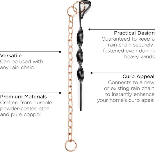 Good Directions 12” Rain Chain Ground Anchoring Stake, Black Powder-Coated Steel, Includes 17” Copper Chain