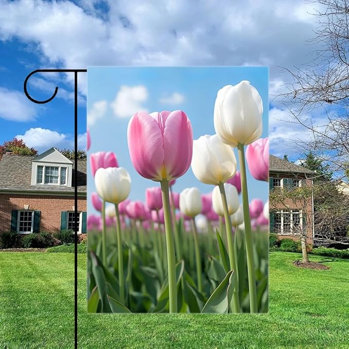 Gkyygk Tulips Flower Welcome Banners Garden Flag Pink White Double Sided 12x18 Inches Farmhouse Holiday Outside Decorations Burlap Yard Flag