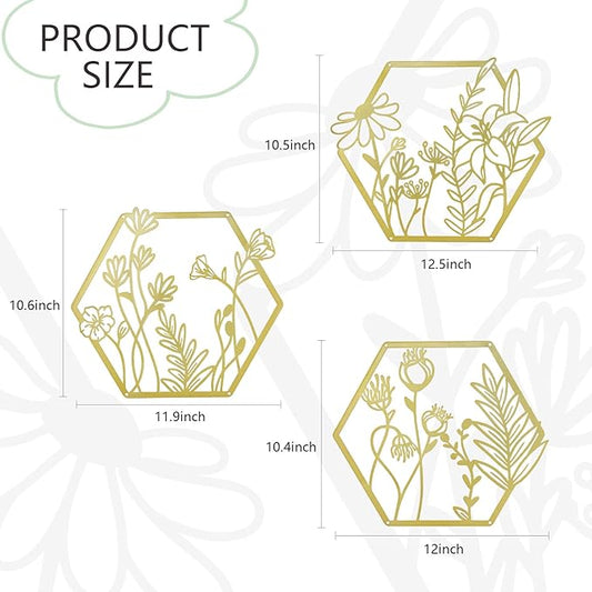 OYEFLY 3 Pcs Metal Flower Wall Decor,Farmhouse Flower Art (Gold)