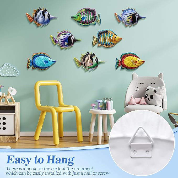 Tandefio 8 Pcs Metal Wall Decor Wall Art Hanging Decorations Outdoor Indoor Sculptures for Garden Fence Pool Home Porch(Fish)