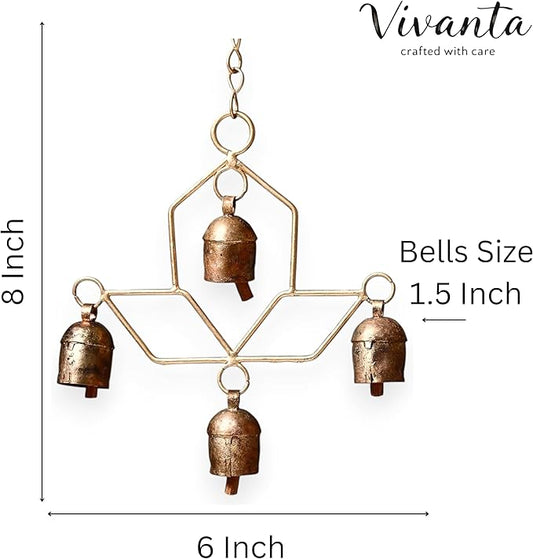 Handmade Wind Chime Bell – Rustic Hanging 4 Bell for Porch, Garden, Balcony, Christmas Decor – Farmhouse Jingle Bells, Witch Bells, Lucky Cow Bells, Boho Ornament Indoor Outdoor - 8 x 4 Inch