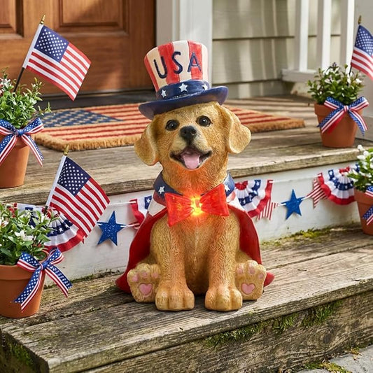 TERESA'S COLLECTIONS 4th of July Puppy Decorations with Solar Light, Memorial Day Resin Garden Dog Figurine for Home, Patriotic Independence Day USA 250th Anniversary Outdoor Yard Porch Gift Decor 8"