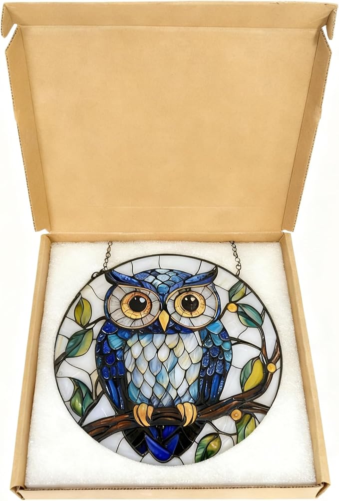 Owl Stained Glass Window Hanging Sun Catcher - Handmade Glass Window/Home Decor,Owl Gifts for Women Sun Catchers Hangings Birds Suncatcher Decor for Birthday for Women Men