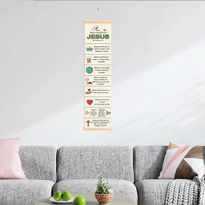 Bible Verse Canvas Banner, The Beatitudes of Jesus Banner, Christian Canvas Poster, Rustic Hanging Poster for Wall Decoration, Family Hanging of Scripture and Words Decorations 02