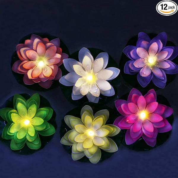 LACGO 12 PCS Floating Lotus Tea Lights - 5 Inch Floating Flowers Water Lily LED Candles for Pool, Bath, Wedding, Party Decor - Water Activated Lotus Flower Pool Lights(Mix-Color)