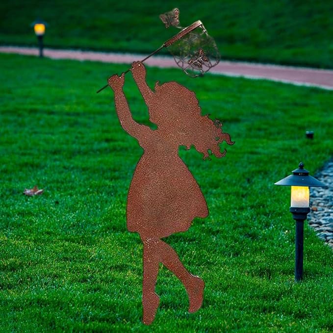 Iron Metal Weatherproof Butterfly Standing Silhouette Art Sculpture Statue for Garden, Girl