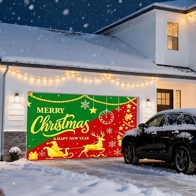 IVN Christmas Garage Door Cover Decoration 13x6ft Snowy Night Trees with Green Red Sleigh Scene Deer Merry Christmas Garage Door Banner Home Door Front Yard Decor for Xmas Eve Holiday Outdoor