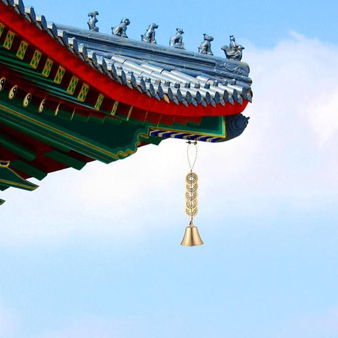 2 PCS Hanging Bells for Door, Feng Shui Coins, Chinese Feng Shui Bell Wind Chime, Brass Hanging Decor with Coins for Wealth Protection Good Luck, Indoor Outdoor Car Decor