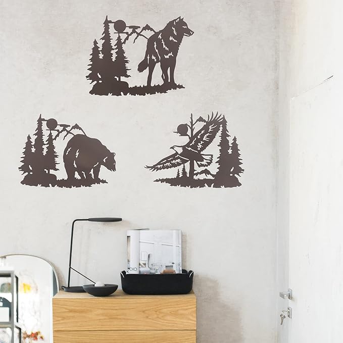 J-Fly Metal Bear Wall Decor Eagle Wall Decor Wildlife Wall Art Rustic Cabin Decor Laser Cut Bear and Wolf Eagle For Living Room Valentine Bathroom etc Indoor & Outdoor Decor 3 Pack