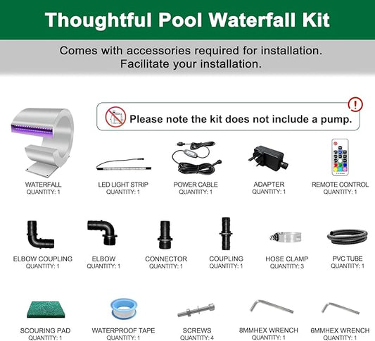 LONGRUN J-Shaped Waterfall Spillway Stainless Steel Swimming Pool Fountain with Color Changing LED Light, Outdoor Pond Waterfalls Kit for Garden Patio Swimming Pool Koi Ponds Decoration -13.6" Height