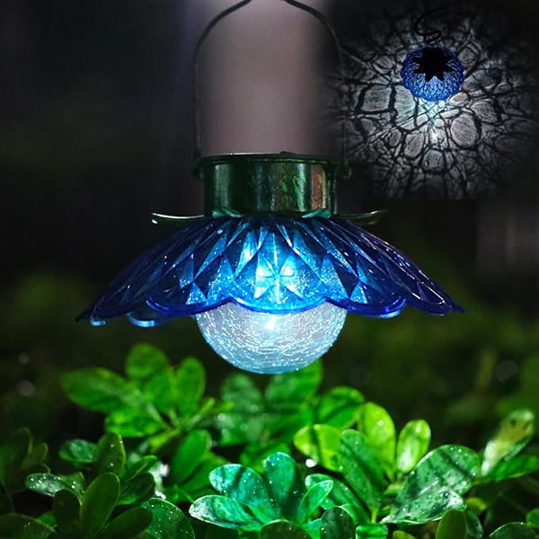 XUWEN Solar Lights Outdoor Waterproof - Blue Solar Flower Light with Crackle Globe Glass Light, Hanging Lanterns Decorative Outdoor for Yard Walkway Lawn Fence,Christmas Housewarming Gifts for Women.